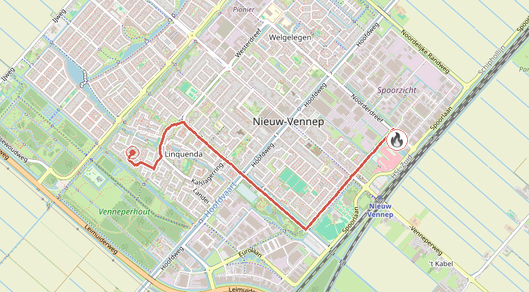 Kaart van de omgeving van de melding, met de kazerne die is gealarmeerd