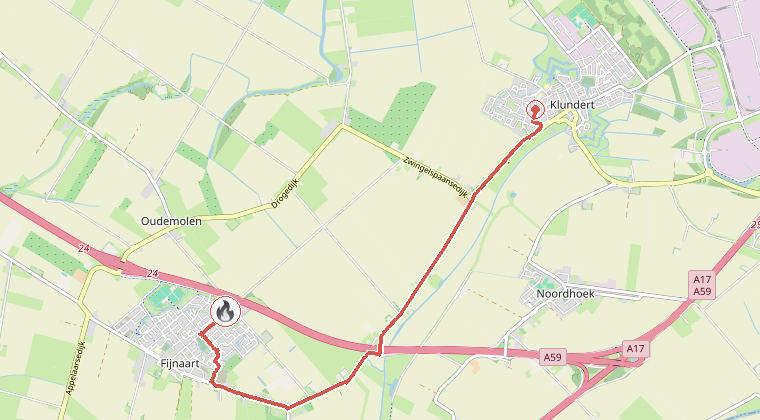 Kaart van de omgeving van de melding, met de kazerne die is gealarmeerd
