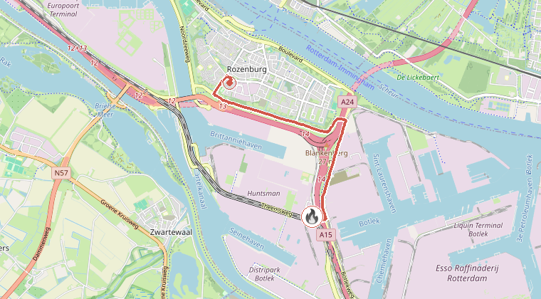 Kaart van de omgeving van de melding, met de kazerne die is gealarmeerd