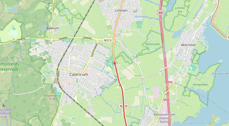 Kaart van de omgeving van de melding, met de kazerne die is gealarmeerd