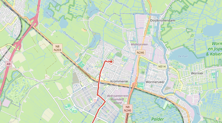 Kaart van de omgeving van de melding, met de kazerne die is gealarmeerd