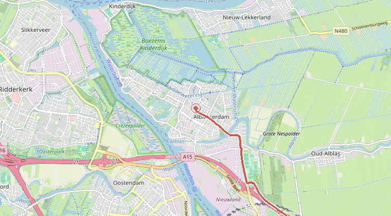 Kaart van de omgeving van de melding, met de kazerne die is gealarmeerd