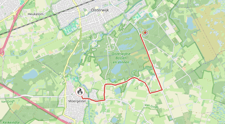 Kaart van de omgeving van de melding, met de kazerne die is gealarmeerd