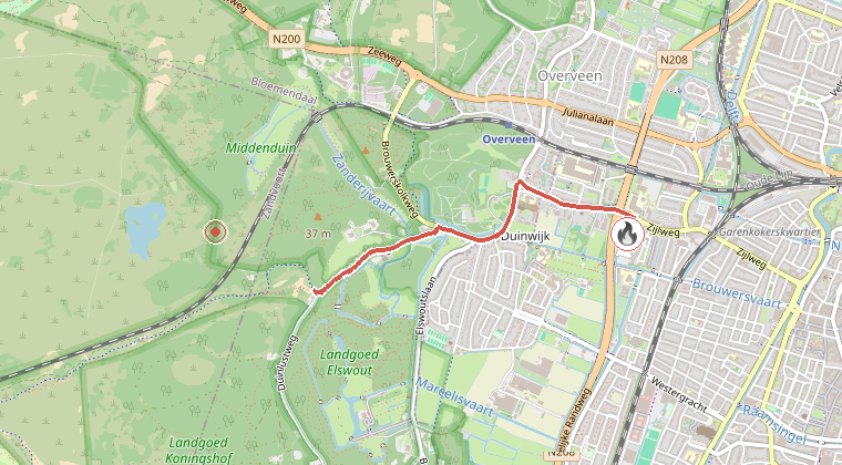 Kaart van de omgeving van de melding, met de kazerne die is gealarmeerd