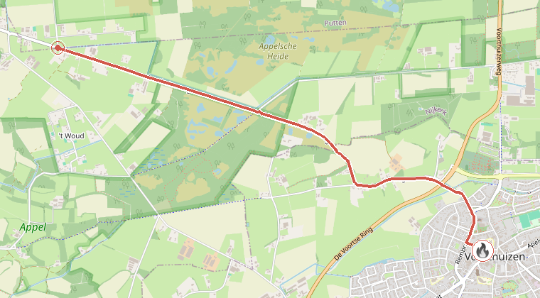 Kaart van de omgeving van de melding, met de kazerne die is gealarmeerd