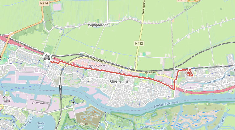 Kaart van de omgeving van de melding, met de kazerne die is gealarmeerd
