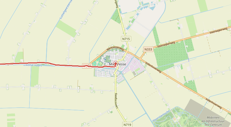 Kaart van de omgeving van de melding, met de kazerne die is gealarmeerd