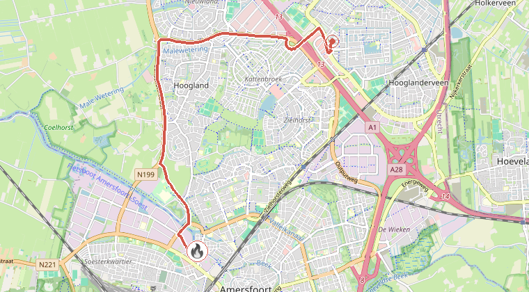 Kaart van de omgeving van de melding, met de kazerne die is gealarmeerd