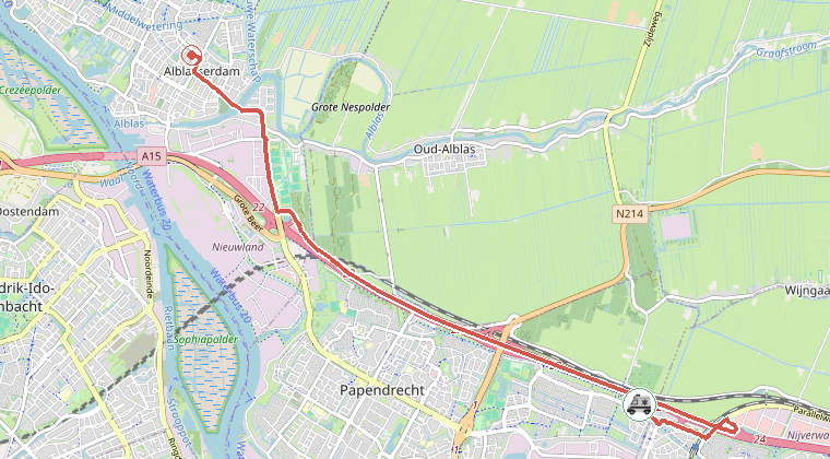 Kaart van de omgeving van de melding, met de kazerne die is gealarmeerd