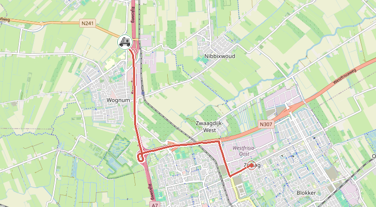 Kaart van de omgeving van de melding, met de kazerne die is gealarmeerd