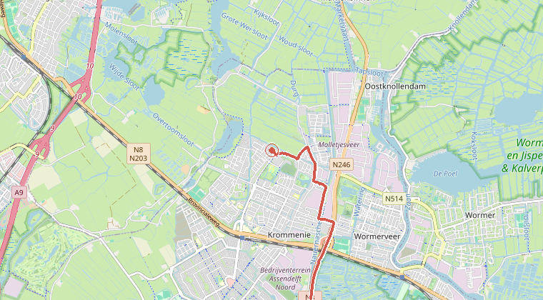 Kaart van de omgeving van de melding, met de kazerne die is gealarmeerd