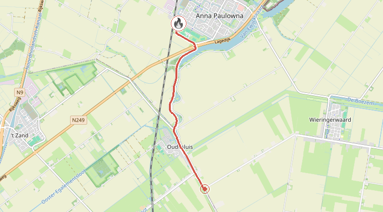 Kaart van de omgeving van de melding, met de kazerne die is gealarmeerd