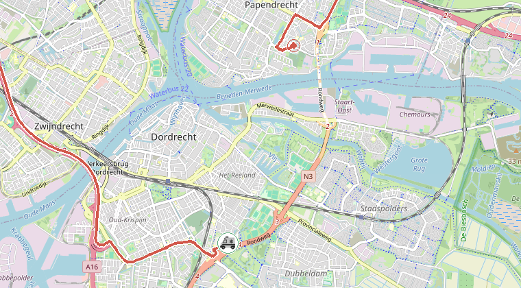 Kaart van de omgeving van de melding, met de kazerne die is gealarmeerd