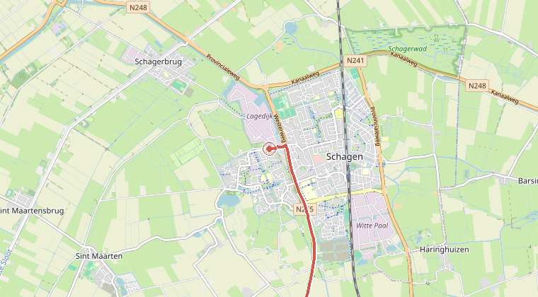 Kaart van de omgeving van de melding, met de kazerne die is gealarmeerd