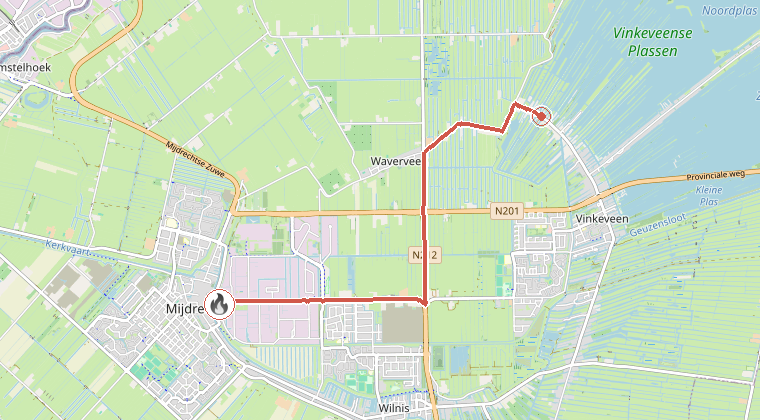 Kaart van de omgeving van de melding, met de kazerne die is gealarmeerd