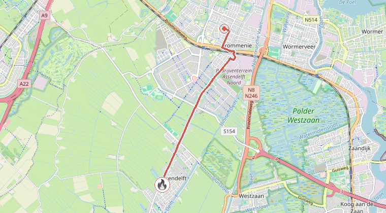 Kaart van de omgeving van de melding, met de kazerne die is gealarmeerd