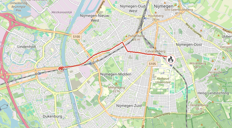 Kaart van de omgeving van de melding, met de kazerne die is gealarmeerd