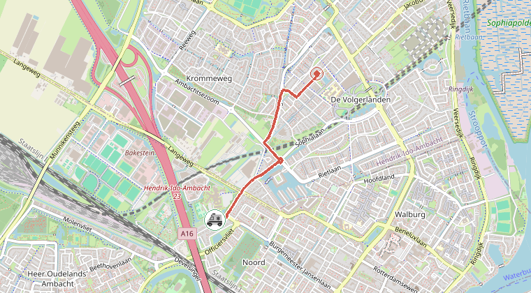 Kaart van de omgeving van de melding, met de kazerne die is gealarmeerd