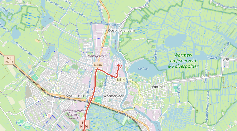 Kaart van de omgeving van de melding, met de kazerne die is gealarmeerd