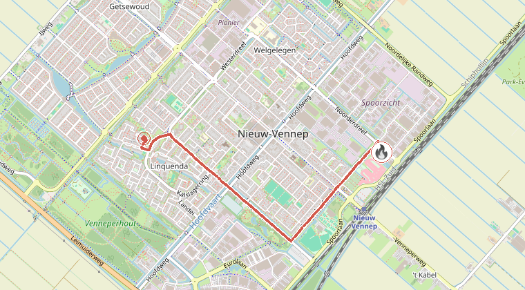 Kaart van de omgeving van de melding, met de kazerne die is gealarmeerd
