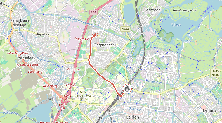 Kaart van de omgeving van de melding, met de kazerne die is gealarmeerd