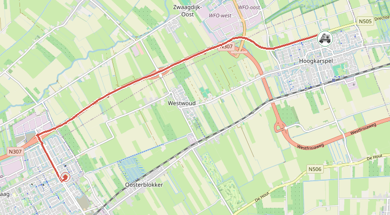 Kaart van de omgeving van de melding, met de kazerne die is gealarmeerd