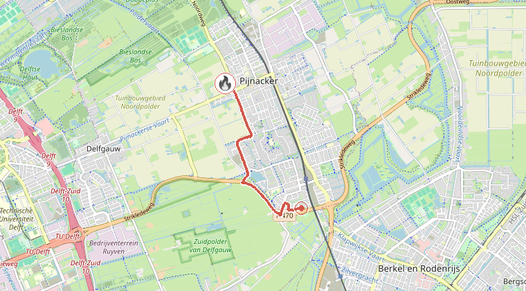 Kaart van de omgeving van de melding, met de kazerne die is gealarmeerd