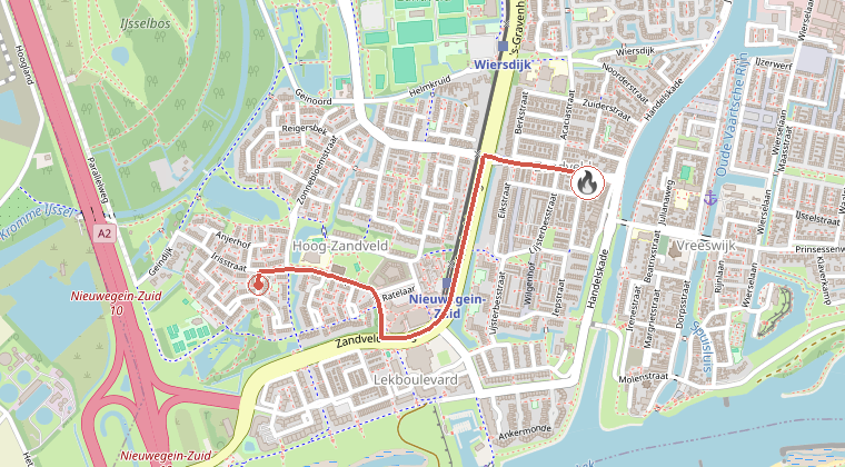 Kaart van de omgeving van de melding, met de kazerne die is gealarmeerd