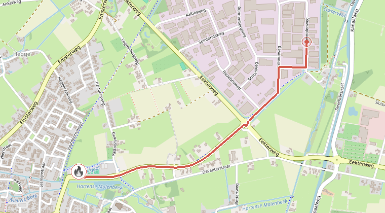 Kaart van de omgeving van de melding, met de kazerne die is gealarmeerd