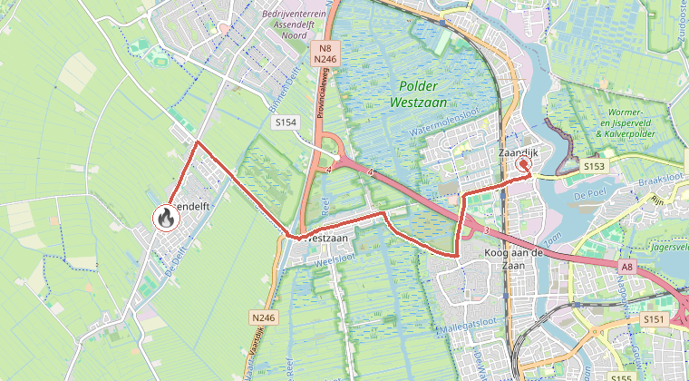 Kaart van de omgeving van de melding, met de kazerne die is gealarmeerd