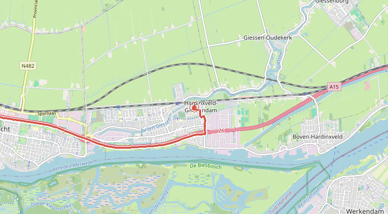 Kaart van de omgeving van de melding, met de kazerne die is gealarmeerd