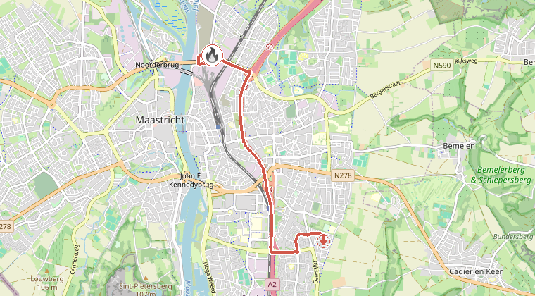Kaart van de omgeving van de melding, met de kazerne die is gealarmeerd