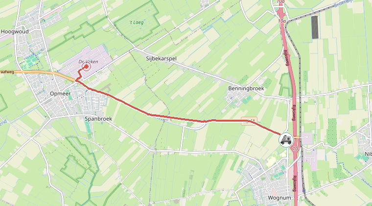 Kaart van de omgeving van de melding, met de kazerne die is gealarmeerd