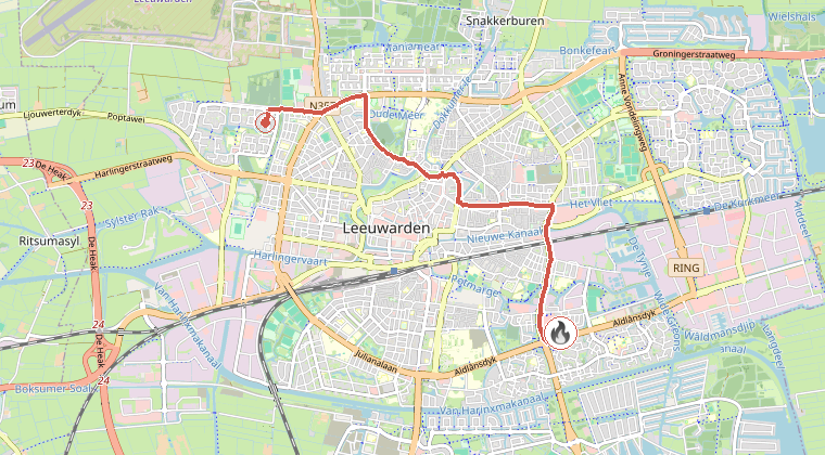 Kaart van de omgeving van de melding, met de kazerne die is gealarmeerd