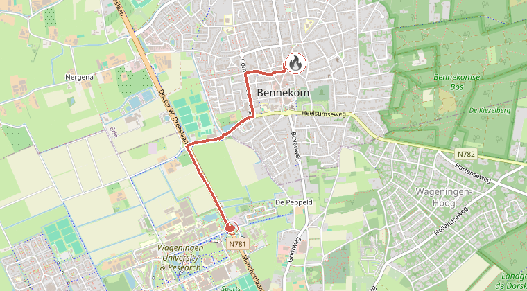 Kaart van de omgeving van de melding, met de kazerne die is gealarmeerd