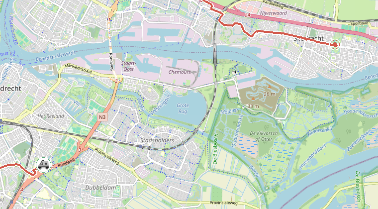 Kaart van de omgeving van de melding, met de kazerne die is gealarmeerd