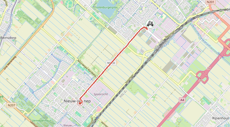 Kaart van de omgeving van de melding, met de kazerne die is gealarmeerd
