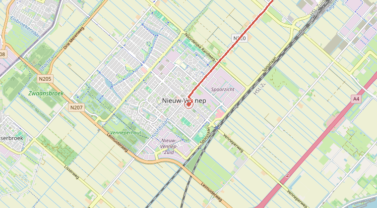 Kaart van de omgeving van de melding, met de kazerne die is gealarmeerd
