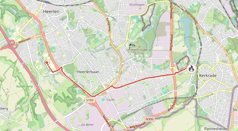 Kaart van de omgeving van de melding, met de kazerne die is gealarmeerd