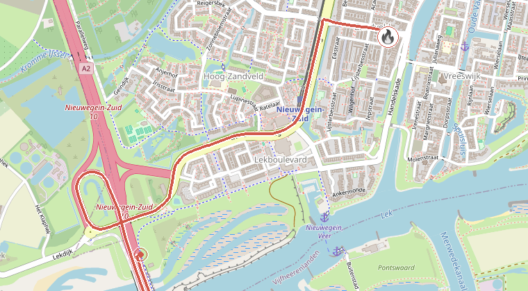 Kaart van de omgeving van de melding, met de kazerne die is gealarmeerd