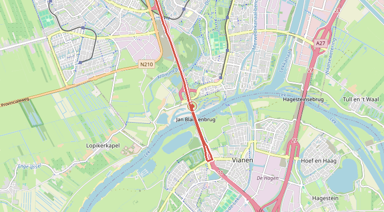 Kaart van de omgeving van de melding, met de kazerne die is gealarmeerd