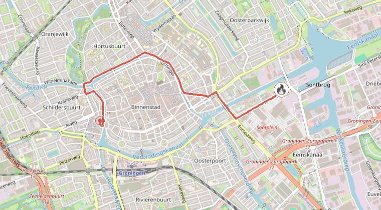 Kaart van de omgeving van de melding, met de kazerne die is gealarmeerd