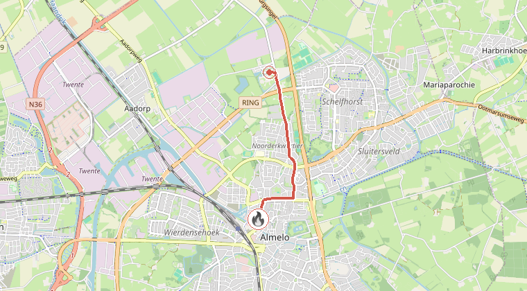 Kaart van de omgeving van de melding, met de kazerne die is gealarmeerd