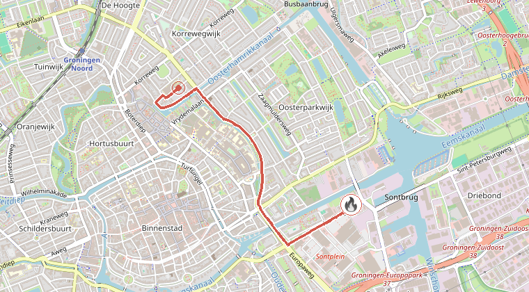 Kaart van de omgeving van de melding, met de kazerne die is gealarmeerd