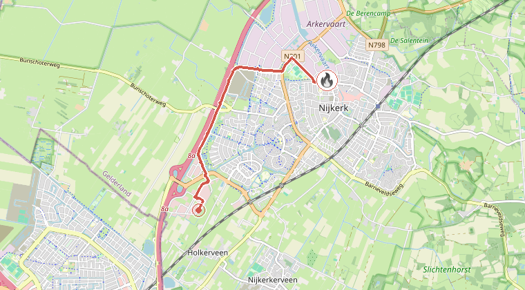 Kaart van de omgeving van de melding, met de kazerne die is gealarmeerd