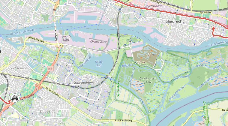 Kaart van de omgeving van de melding, met de kazerne die is gealarmeerd