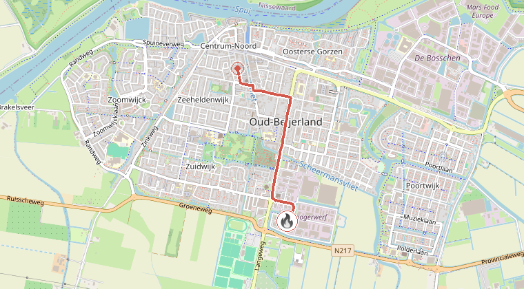 Kaart van de omgeving van de melding, met de kazerne die is gealarmeerd