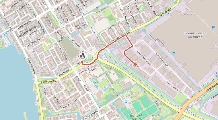 Kaart van de omgeving van de melding, met de kazerne die is gealarmeerd