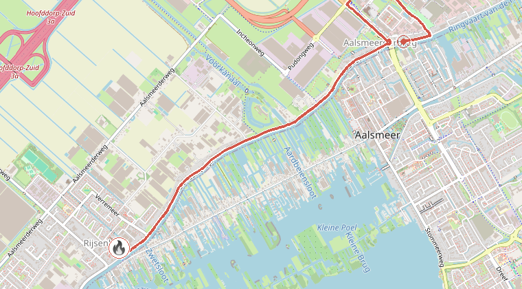 Kaart van de omgeving van de melding, met de kazerne die is gealarmeerd