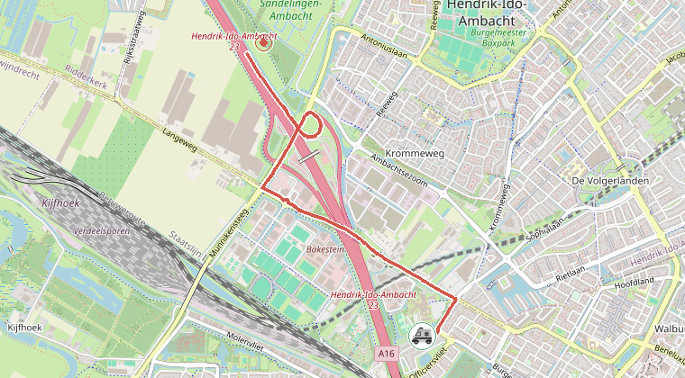 Kaart van de omgeving van de melding, met de kazerne die is gealarmeerd